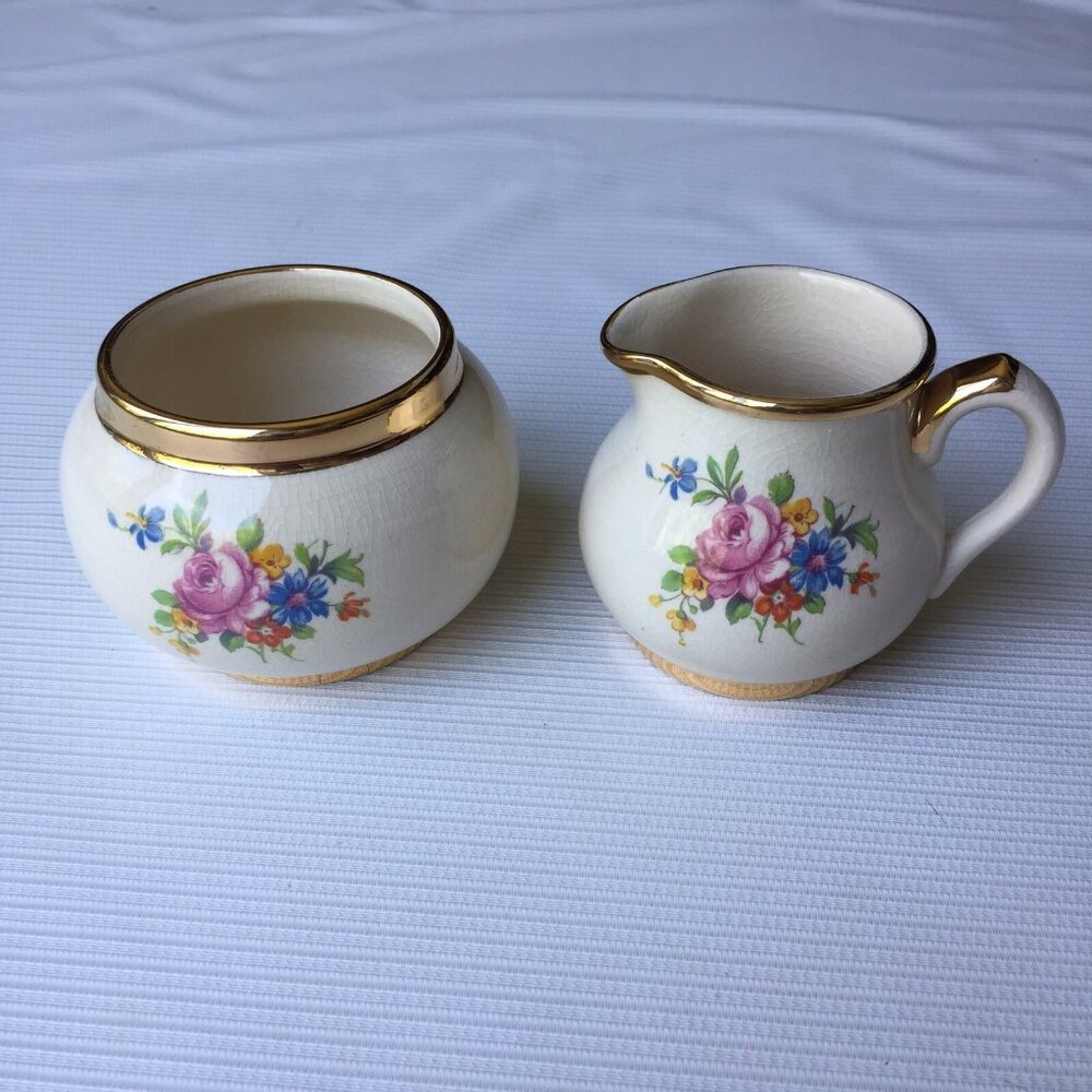 Sudlows Burslem England Creamer Pitcher Sugar Bowl Flower Floral Gold Trim Vtg